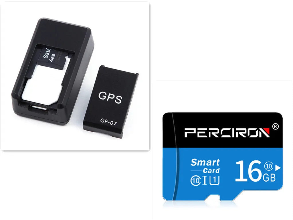 Black plastic magnetic GPS car tracker device measuring 35x20x14mm with USB charging cable