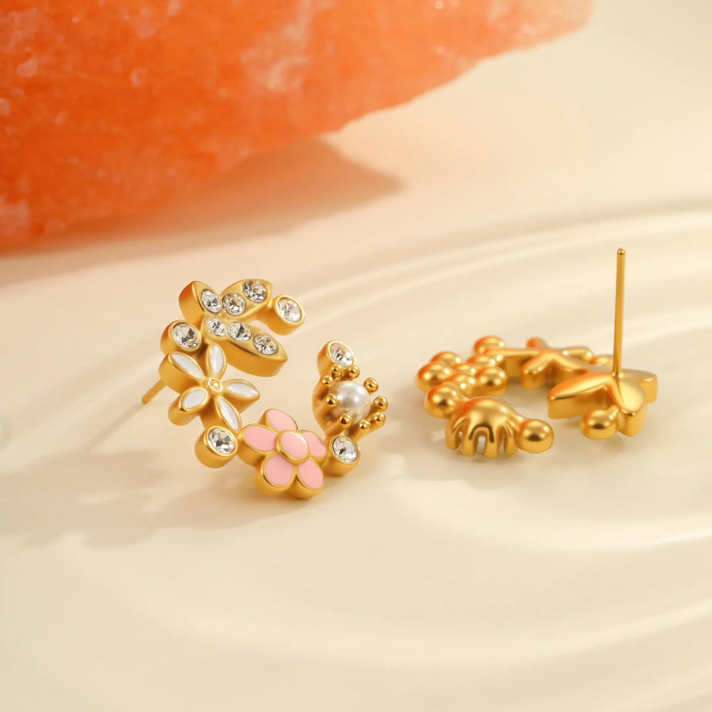 Women's floral stud earrings with petal design in electroplated finish on stainless steel