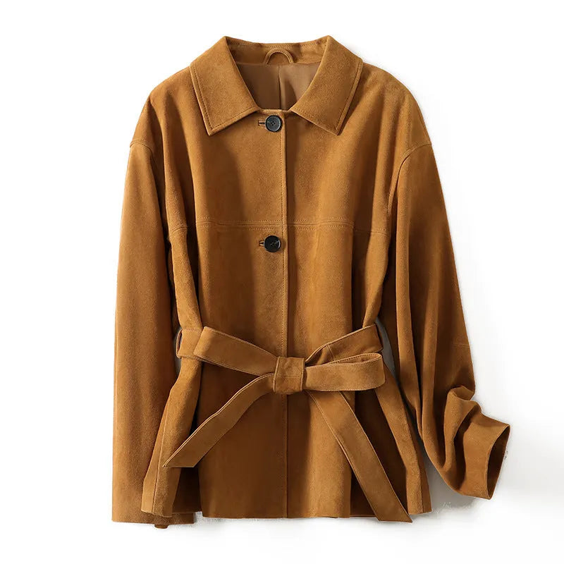 Yellow brown retro-style women's cashmere coat with Peter Pan collar and leather stitch detailing