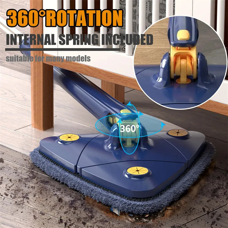 Blue triangle cleaning mop with extendable stainless steel pole and 360-degree rotating head