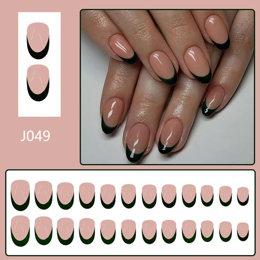 Pack of 24 black French style artificial nails with a short almond shape.