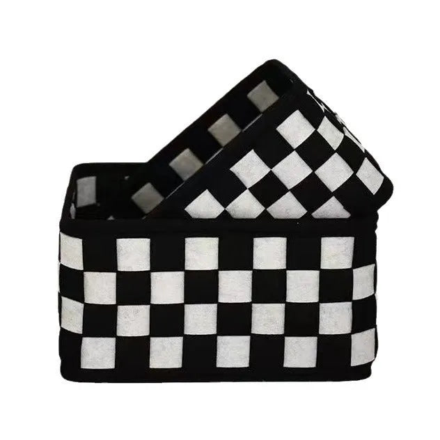 Grey checkerboard woven felt storage box with folded sides, showing 37cm length and 19.5cm height.