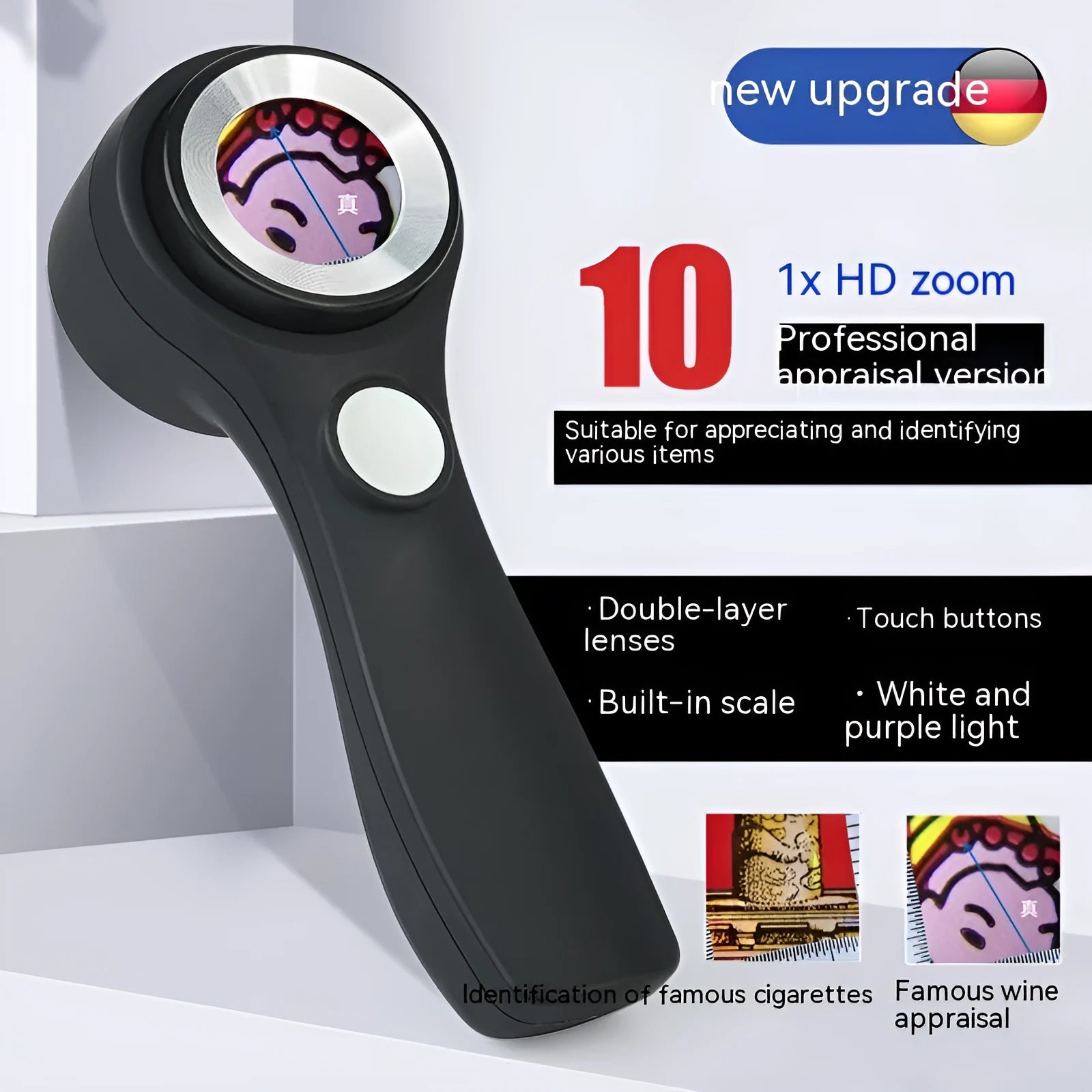 Black and silver metal 30x magnification appraisal magnifying glass with optical glass lens and USB C cable.