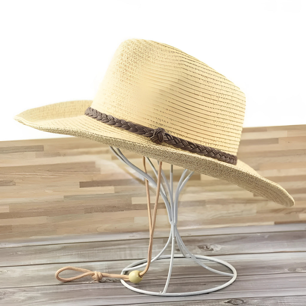 Men's foldable wide brim straw hat in mixed beige colour shown from side angle