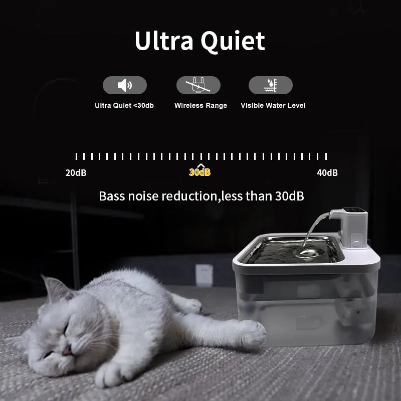 Intelligent self-circulating rechargeable wireless pet water dispenser in white with stainless steel tray