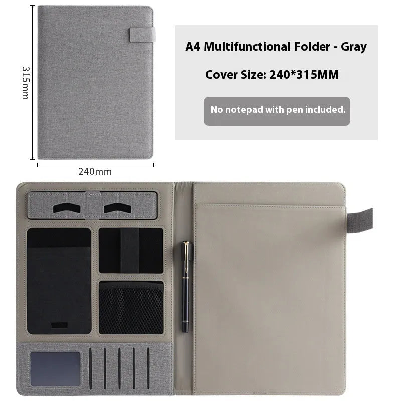 Black leather A4 business folder open to show document sleeve, pen loop, and notepad holder.