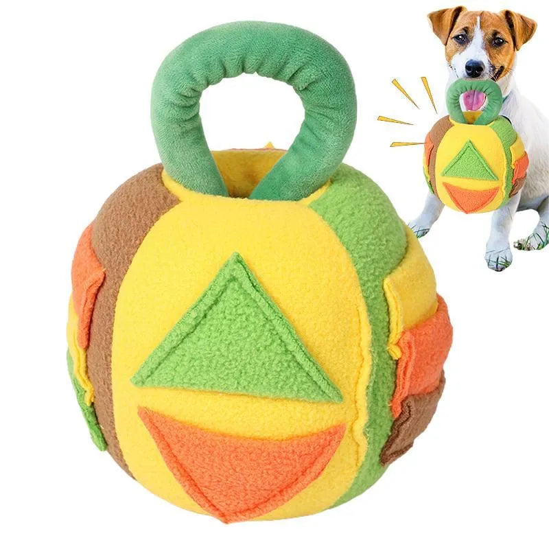 Green plush squeaky ball dog toy with treat pockets on a white background