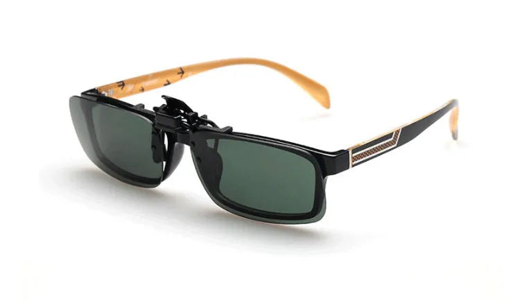 Clip-on driving sunglasses with plastic frame in grey, dark green, and night vision lens options.