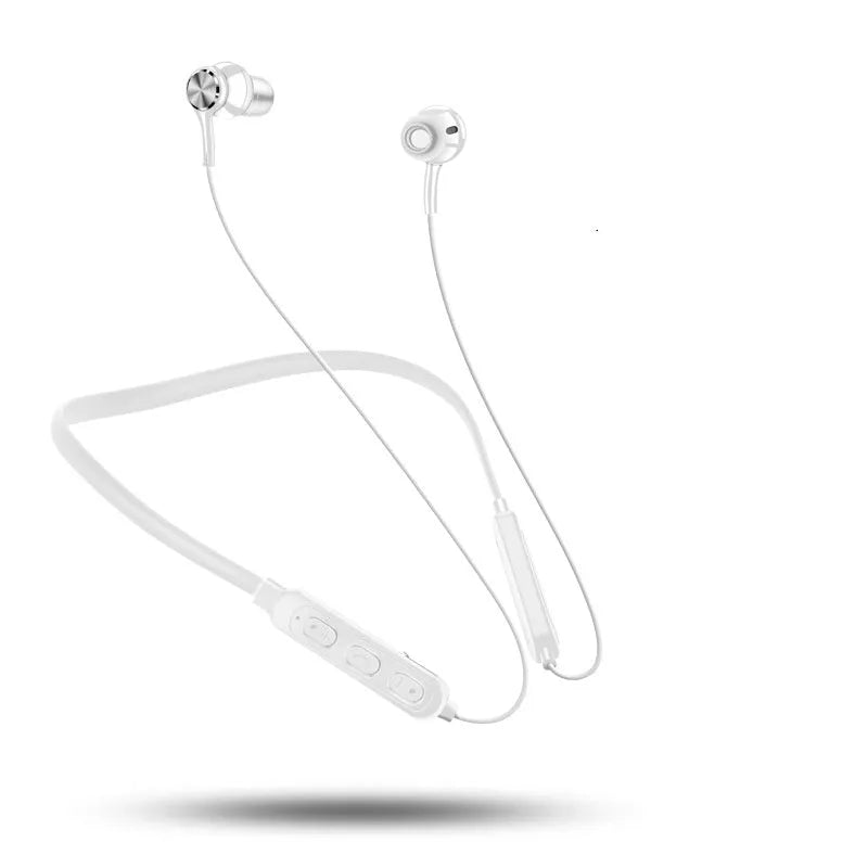 Neckband sports Bluetooth earphones in black, red or white colours showing ear tips and USB charging cable