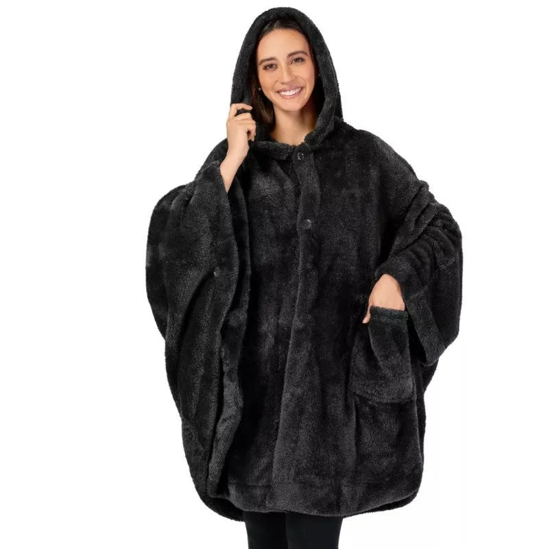 Thick hooded polyester bathrobe in black, dark grey, or pink, shown as a long-sleeve cardigan.