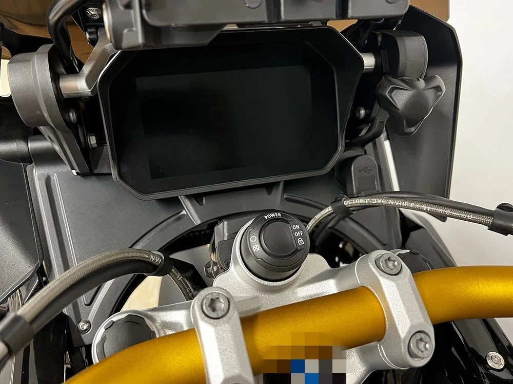 Black motorcycle cockpit fairing for BMW R1250GS and R1200GS adventure bikes