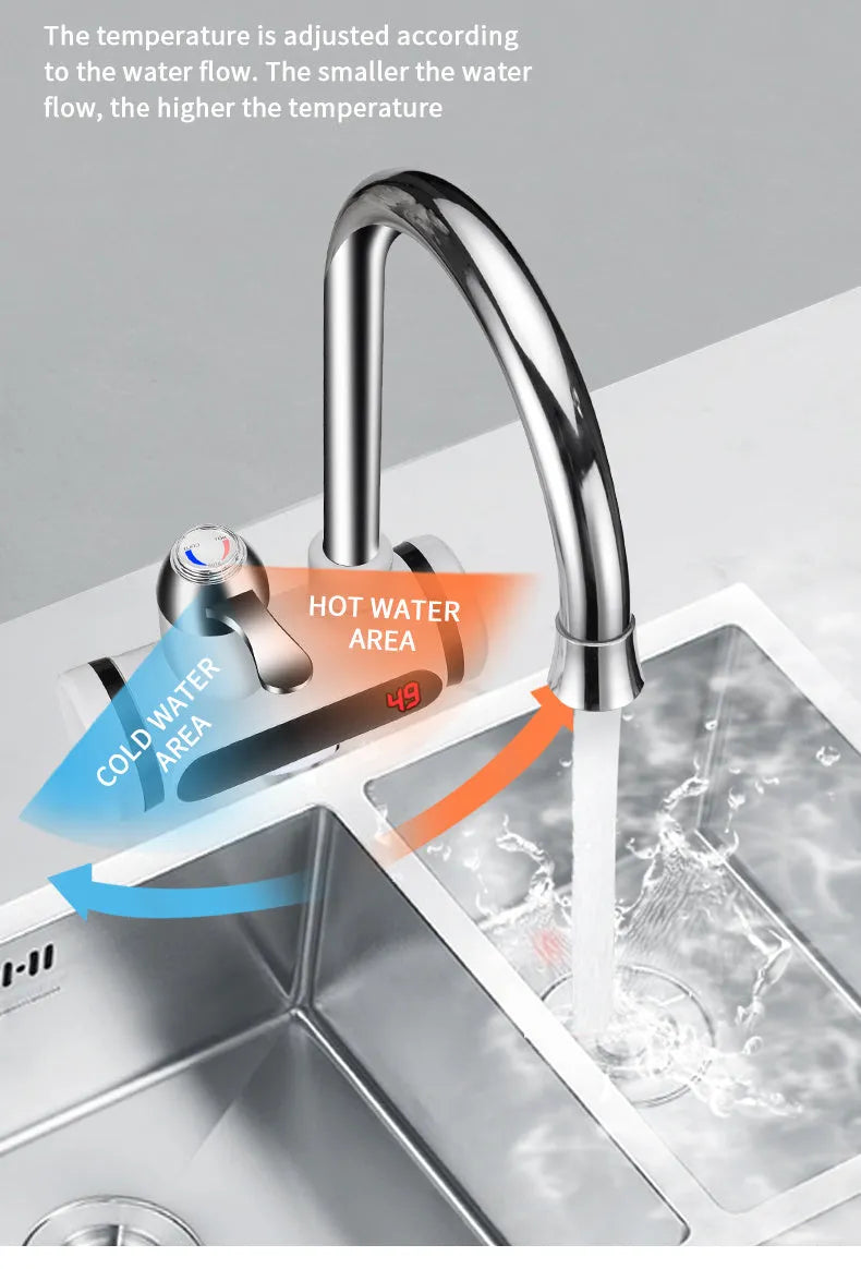 White kitchen electric water heater tap with digital temperature display for instant hot water