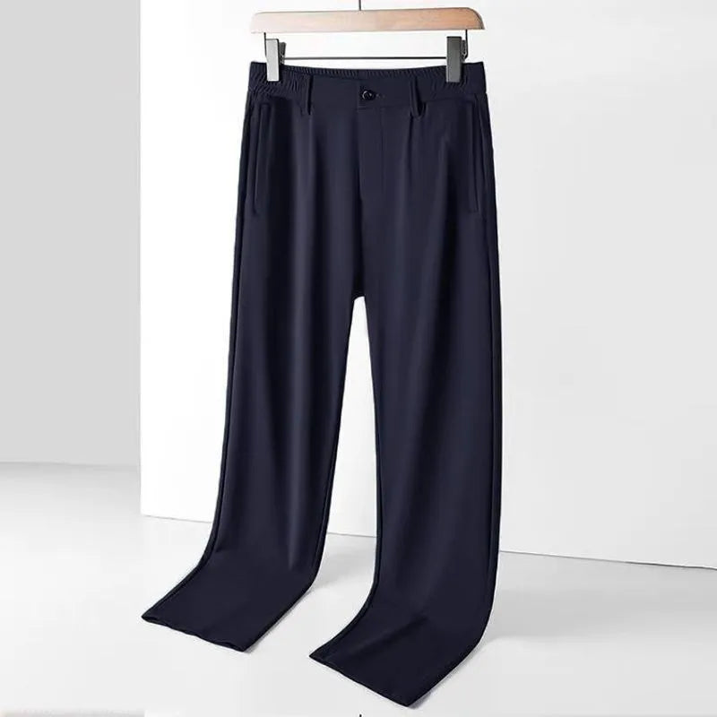 Men's black ice silk straight-leg loose fit casual trousers with a high elastic waistband.
