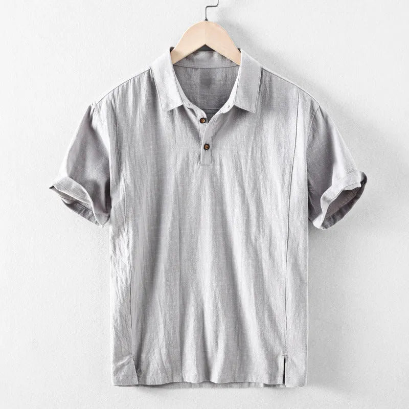 Men's loose fit cotton and linen shirt in solid colour options like navy blue and milky white for leisure wear