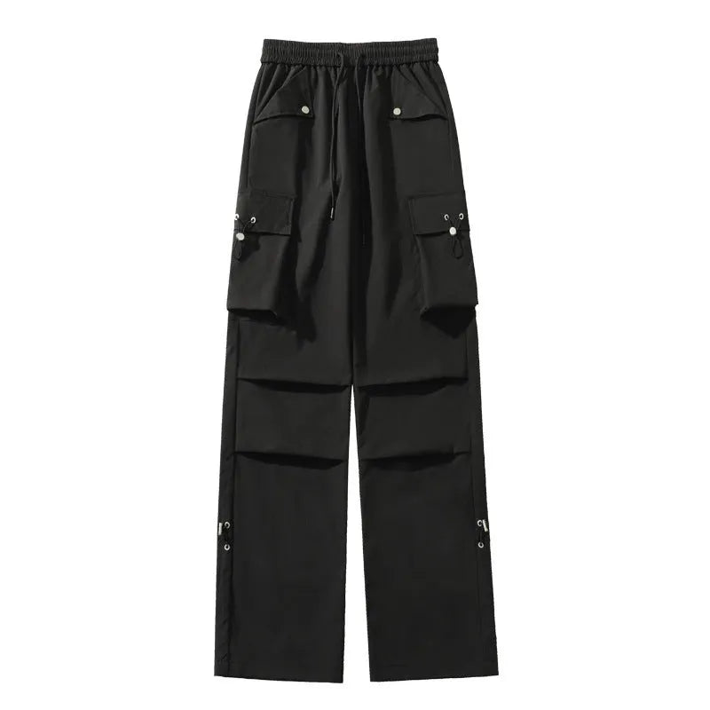 Waterproof loose straight-leg trousers in plus sizes, shown in black, grey, and white.