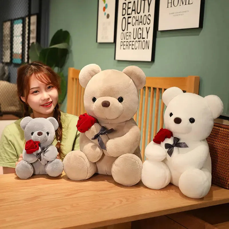 Rose bear plush stuffed animal doll in beige, brown or grey with cartoon design