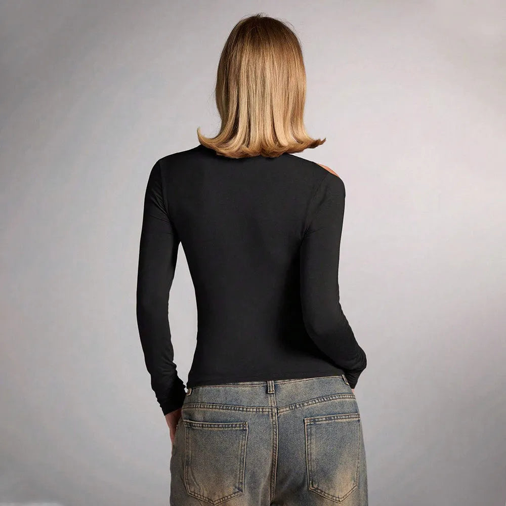Black women's halter top with shoulder-baring neckline, slim fit, and long sleeves