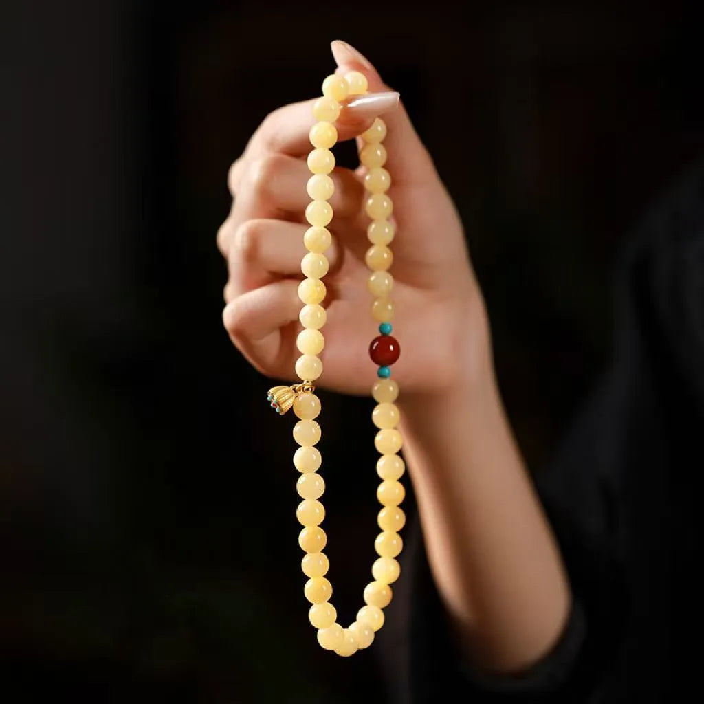 Yellow jade handmade double ring bracelet for women, retro topaz lotus seedpod design, 8mm and 6mm beads, hand-woven