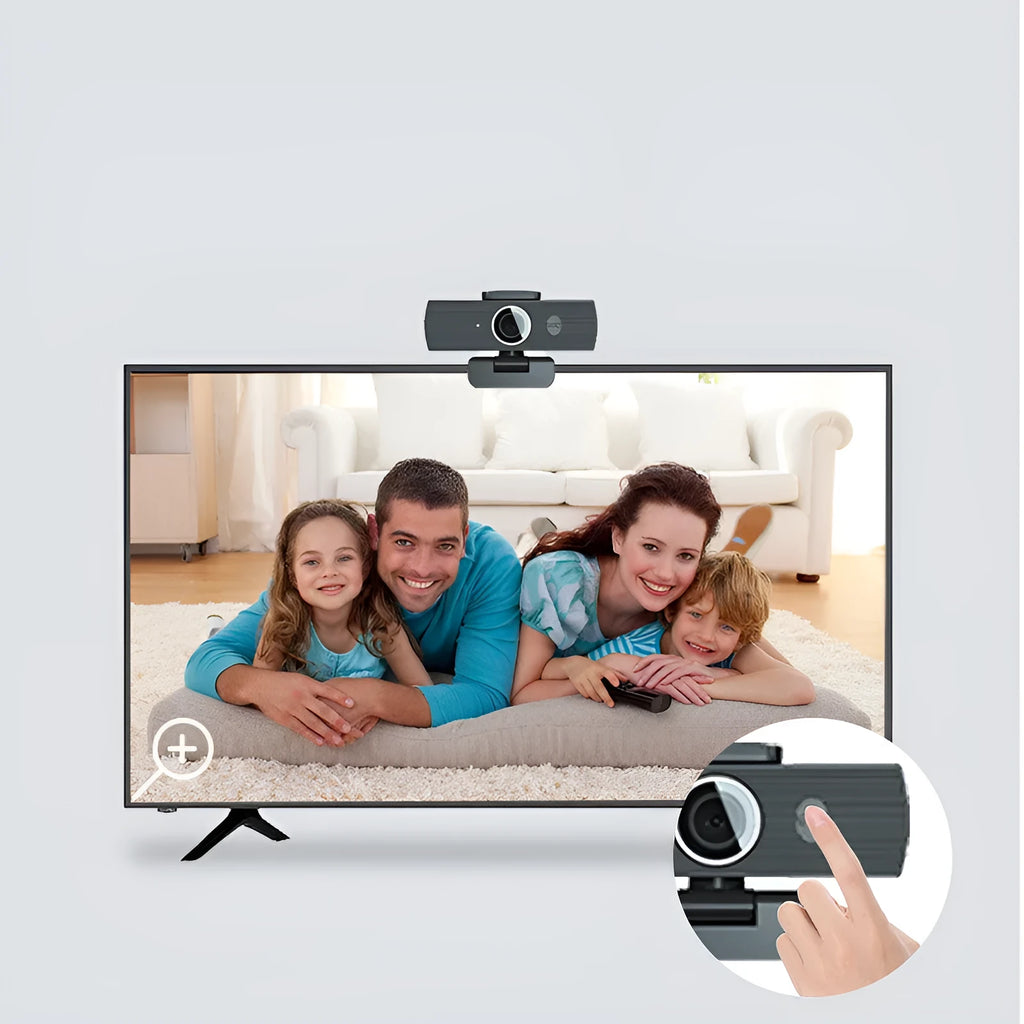 Black 8MP 4K USB computer webcam with magnetic privacy cover on a desktop