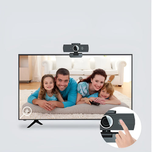 Black 8MP 4K USB computer webcam with magnetic privacy cover on a desktop