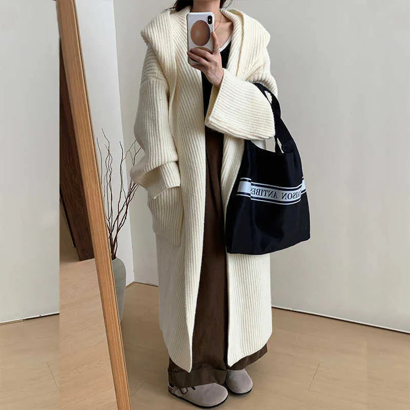 Loose-fit women's hooded cardigan coat in acrylic, shown in milky white colour