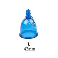 Blue silicone male masturbator shown in small, medium, and large size options