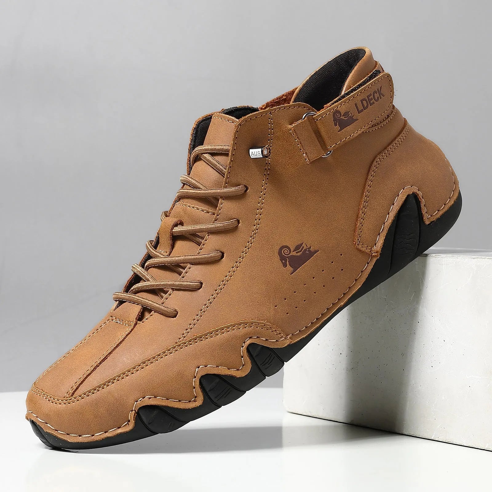 Men's khaki high-top octopus boots with flat rubber soles and round toe