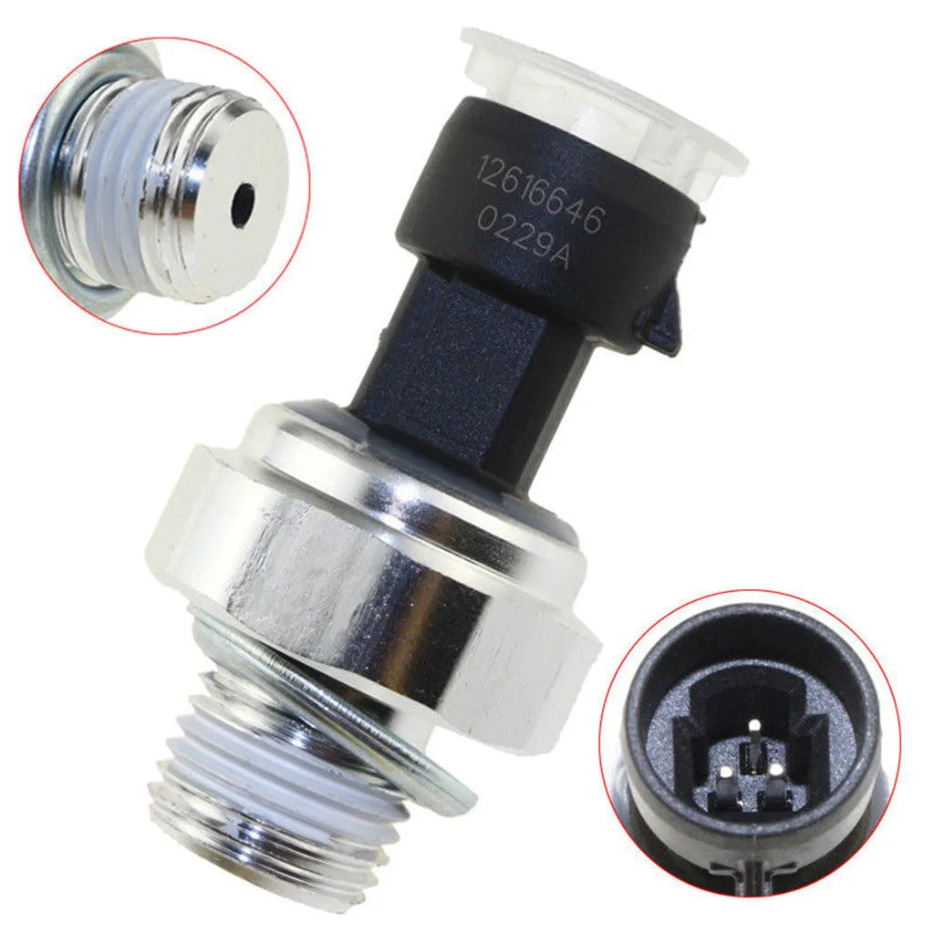 Oil pressure sensor for Buick and Chevrolet vehicles, part numbers 12573107 12567323 displayed.