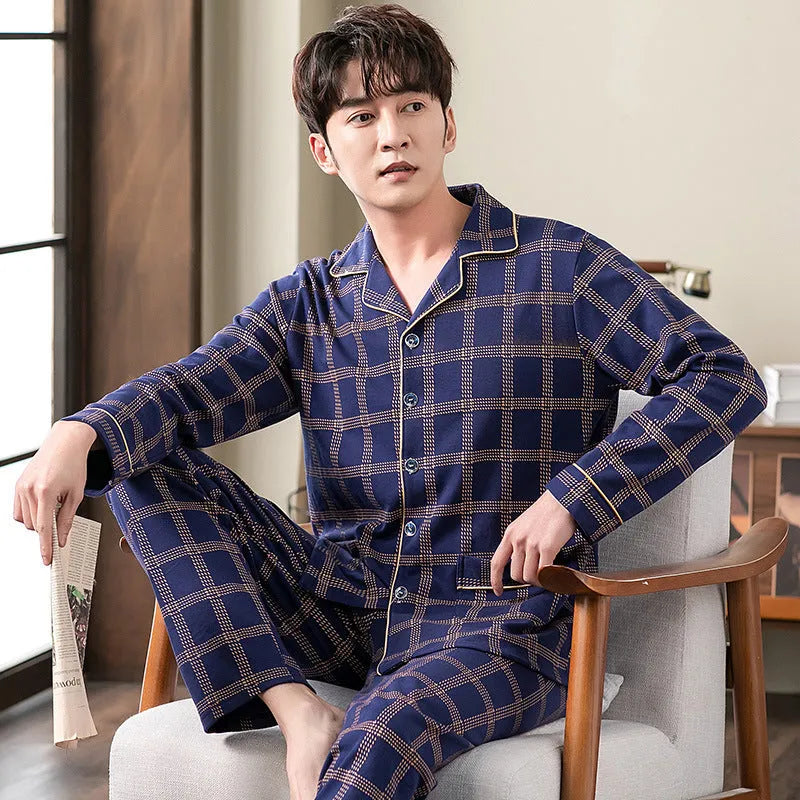 Cotton cardigan sleepwear set for middle-aged men with long sleeves and trousers five colours available