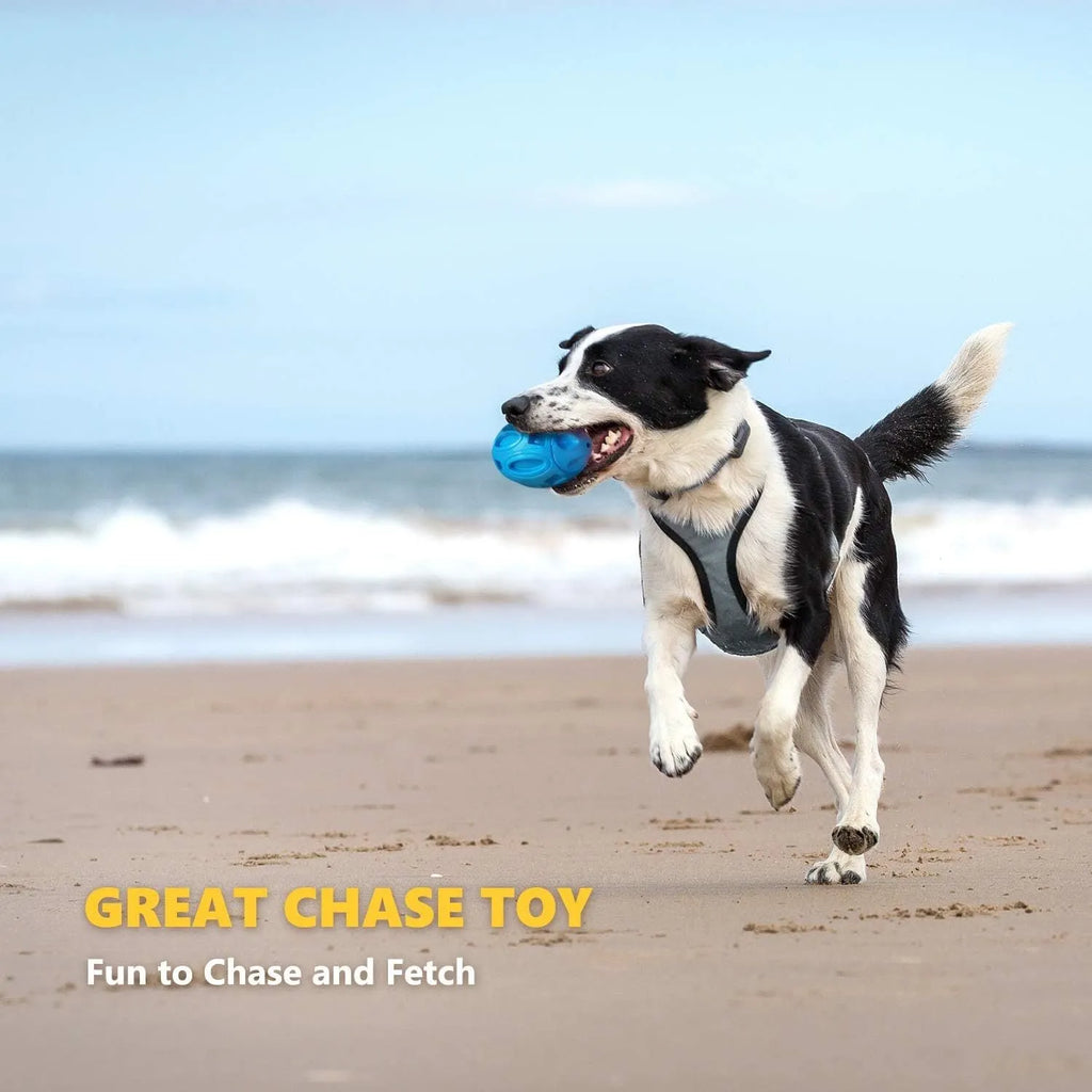 Blue, green, and orange rubber squeaky dog chew ball with grooved surface for medium and large breeds.