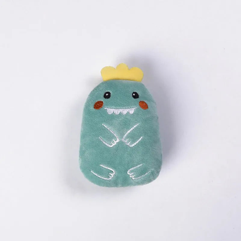 Compact plush catnip toy for teeth grinding and chewing, shown in one of six colour options