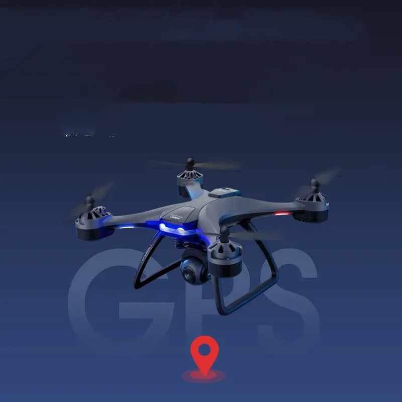 GPS quadrocopter drone with remote controller, spare blades, and landing gear on white background