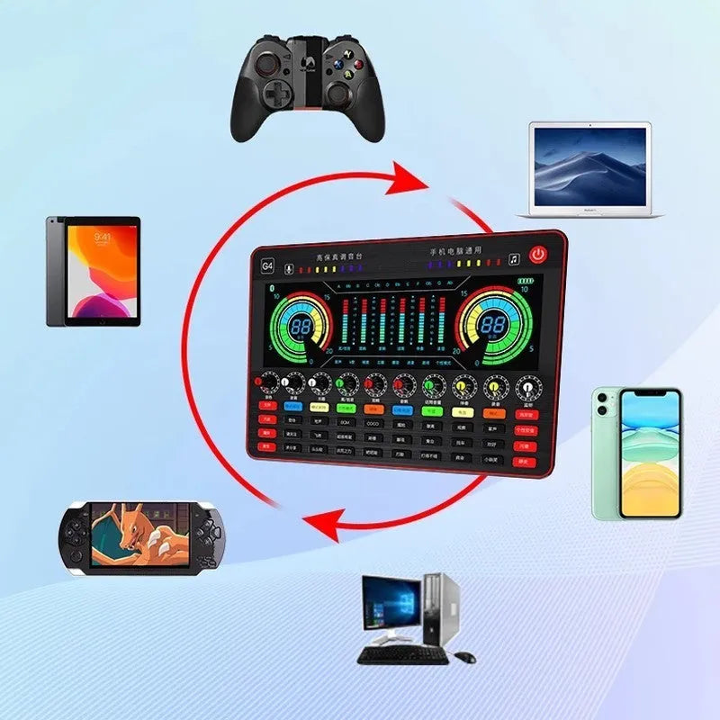 G4 professional sound card mixer with colourful LCD display, connected microphone, and included cables and remote control.