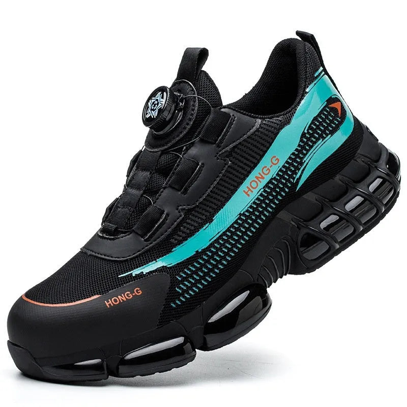 Men's black lightweight work safety shoes with steel toe cap and lace-up front.