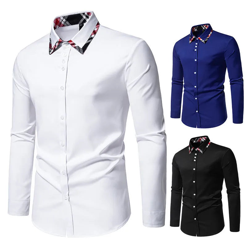 Men's plaid triangle collar long sleeve shirt in polyester blend available in multiple colours