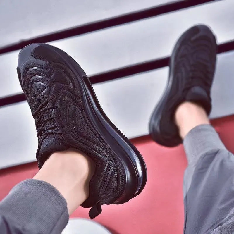 Men's black lace-up sneakers with air cushion sole and artificial PU upper