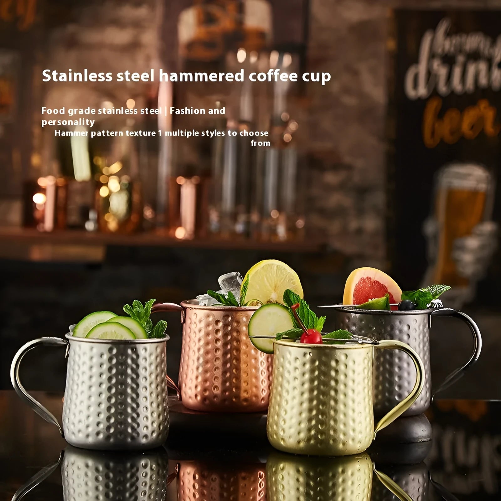 Stainless steel Moscow Mule copper plated cup with glass lining and hammer point texture