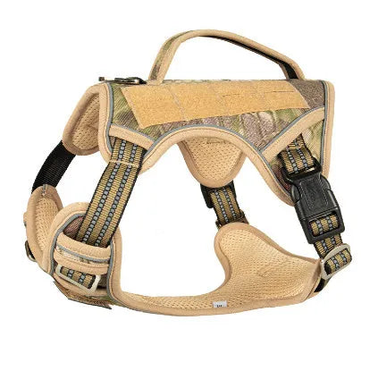 Tactical dog chest harness in Oxford cloth for search and rescue work, shown in camouflage colour.
