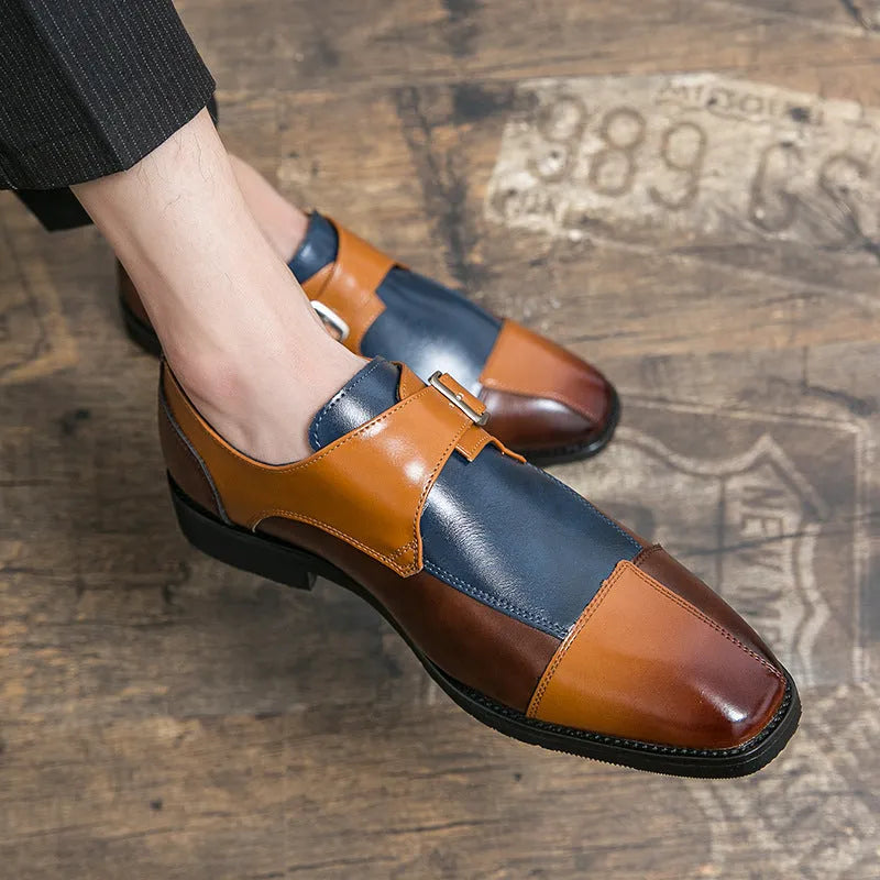 Men's brown blue retro buckle casual leather shoes with tall crown upper and breathable microfiber construction