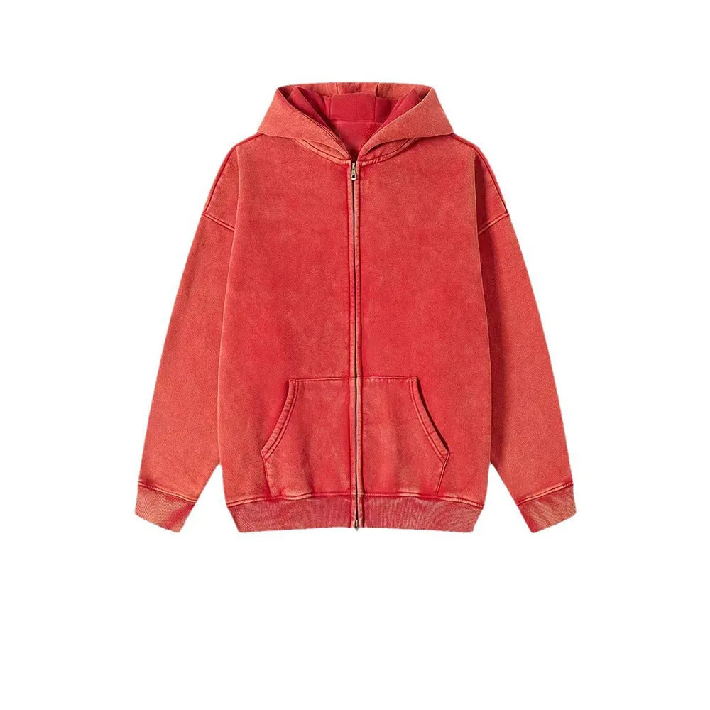 Men's vintage-style hooded cardigan sweater with a double zipper and fleece lining in a washed dark green colour.