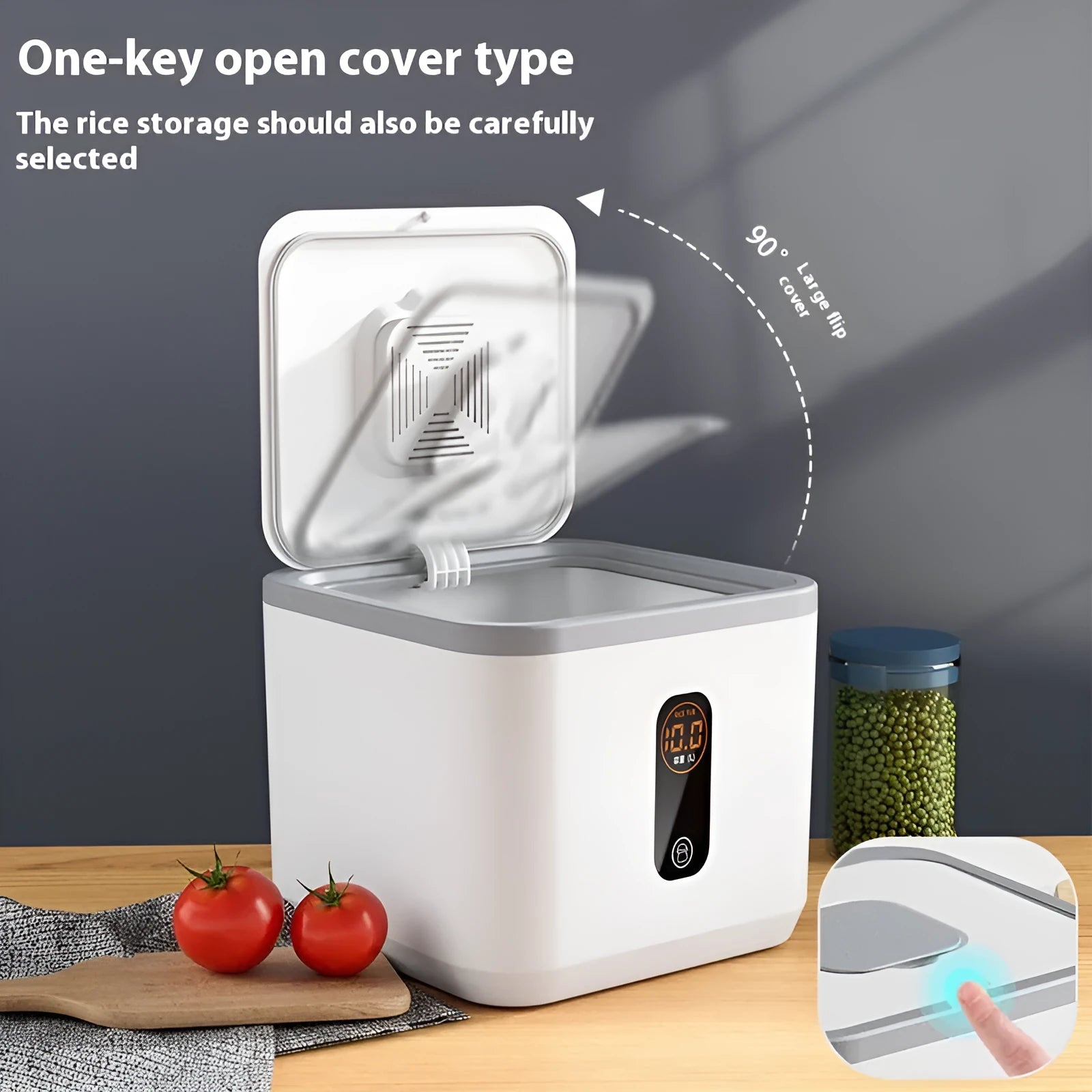 Grey plastic sealed rice storage jar with lid and measuring cup in three size options