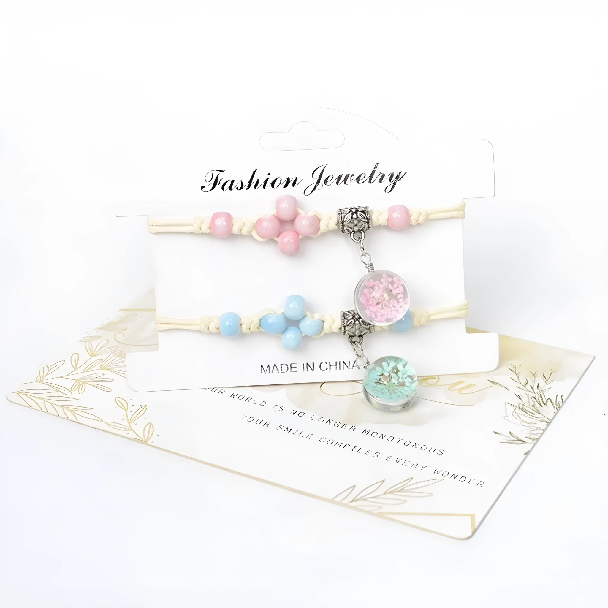 Glass dried flower bracelet with large 1.4cm beads containing real preserved flowers in hand-woven design