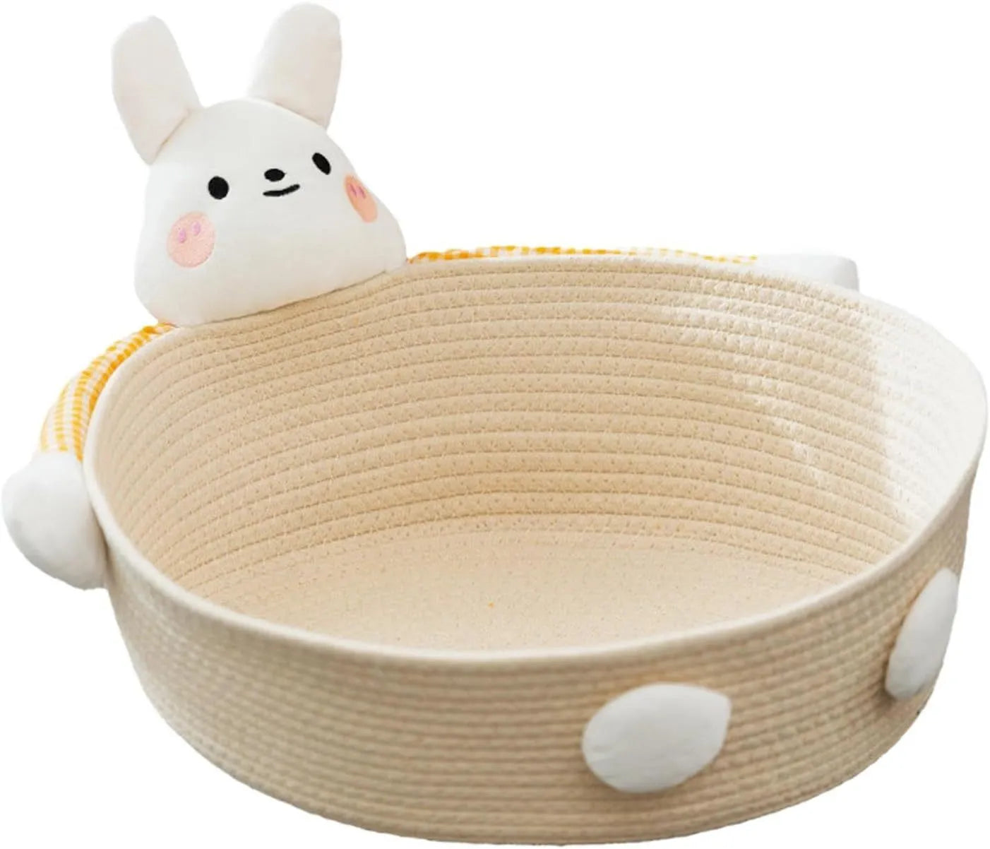 Woven cotton rope pet basket functioning as a cat bed, scratcher, and storage container in a natural colour.