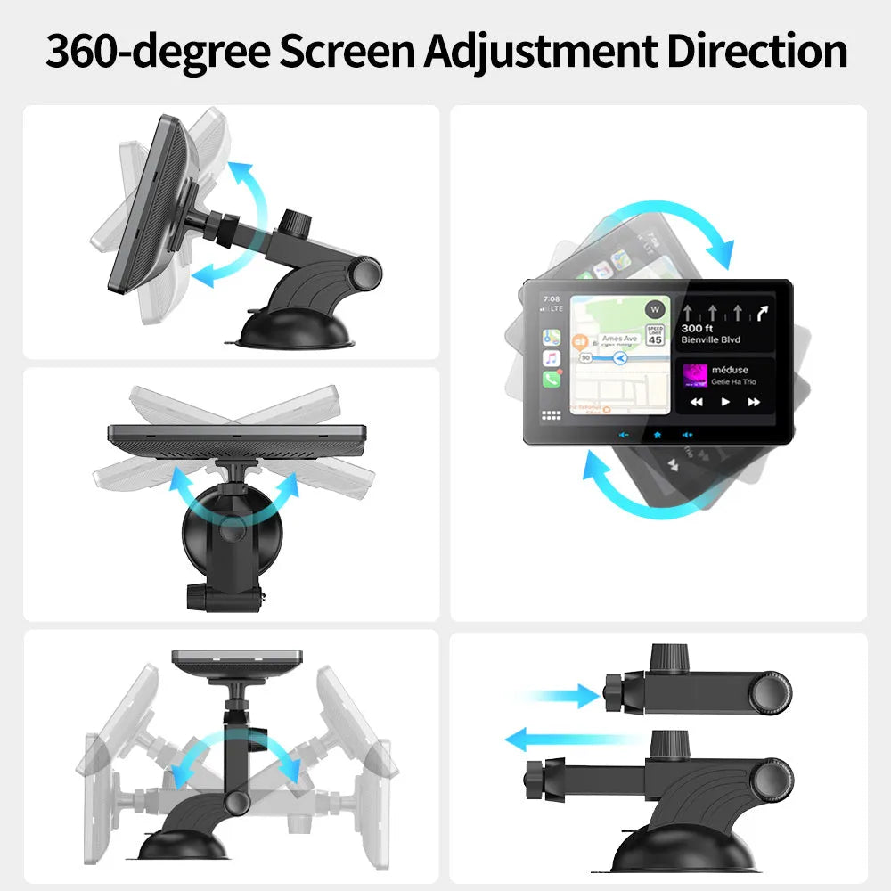 7-inch wireless CarPlay display with suction cup mount and cigarette lighter connector for vehicle installation