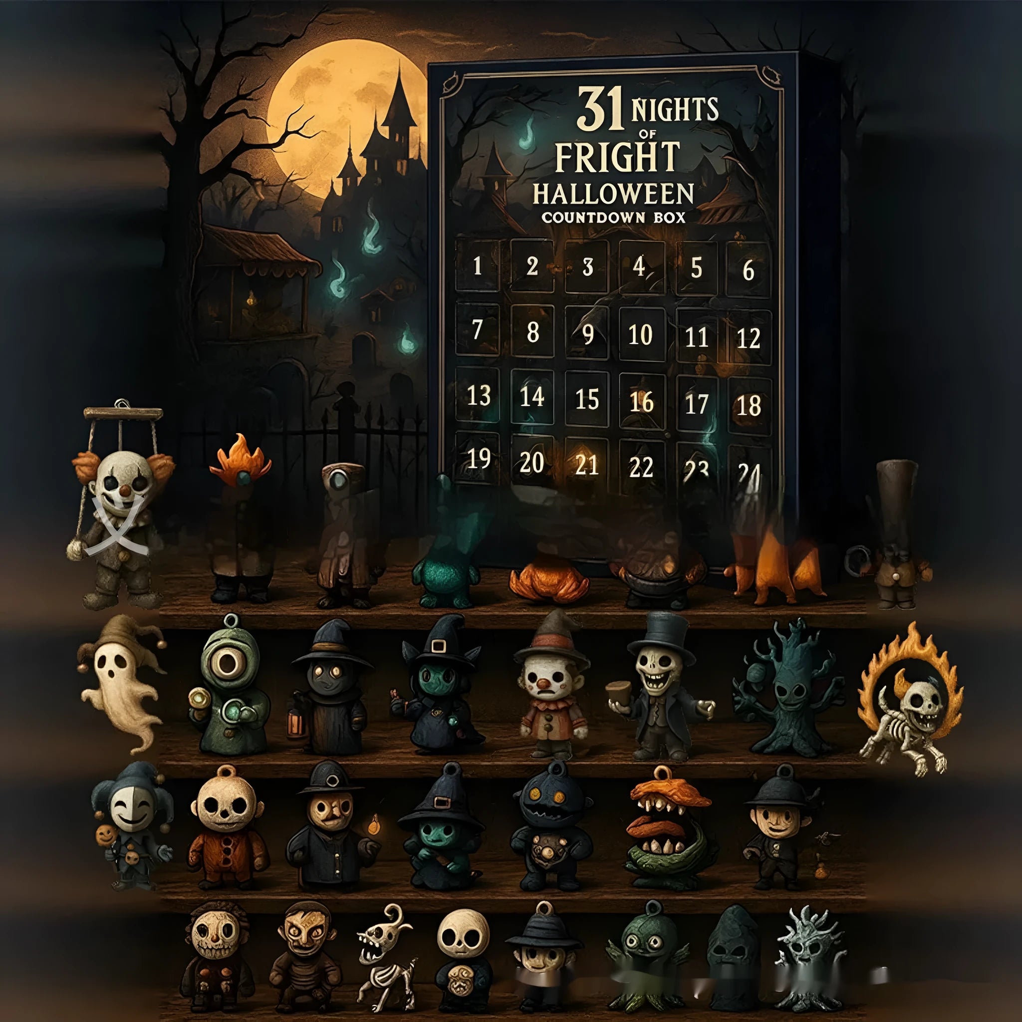 Halloween horror countdown box with 31 compartments and resin doll blind box surprises