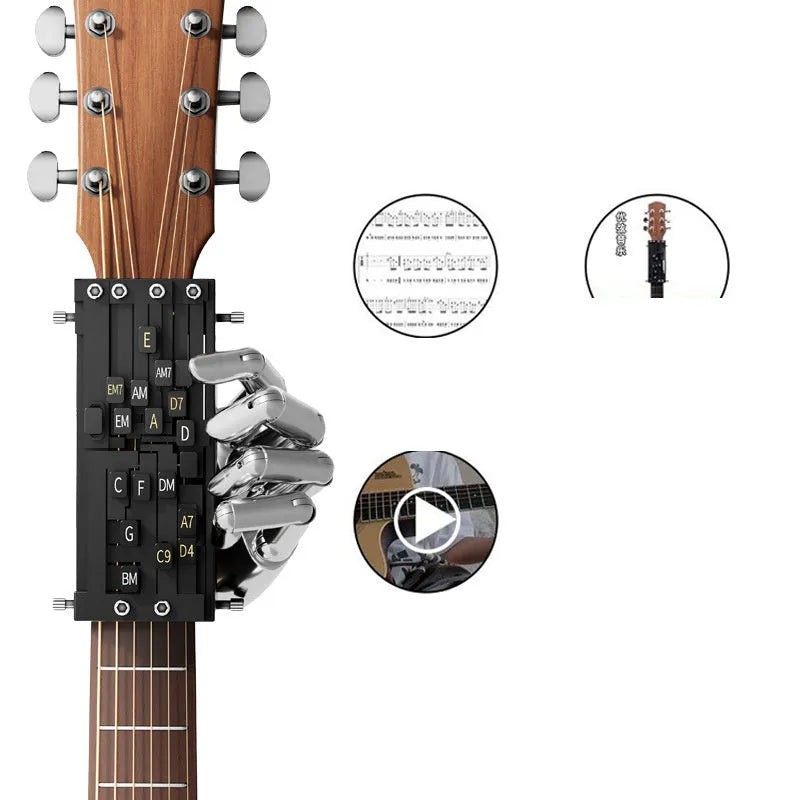 Automatic chord practice gear device for folk guitar playing with second chord support