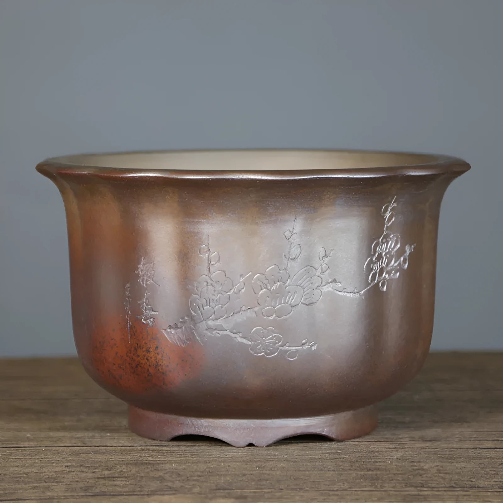 Purple sand ceramic bonsai flowerpot with wood fired antique carved design