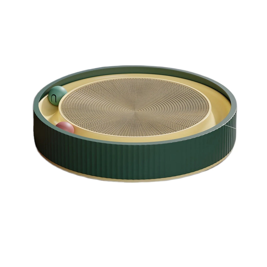 Large circular cardboard cat scratching board with integrated bell toys and refillable core