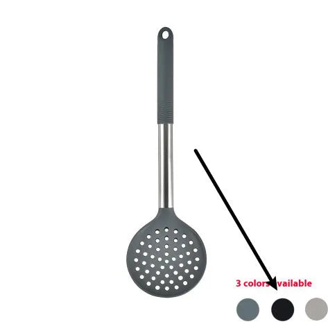 Black silicone 12-piece kitchen utensil set with rotating storage bucket including ladle, spatula, and food clip.