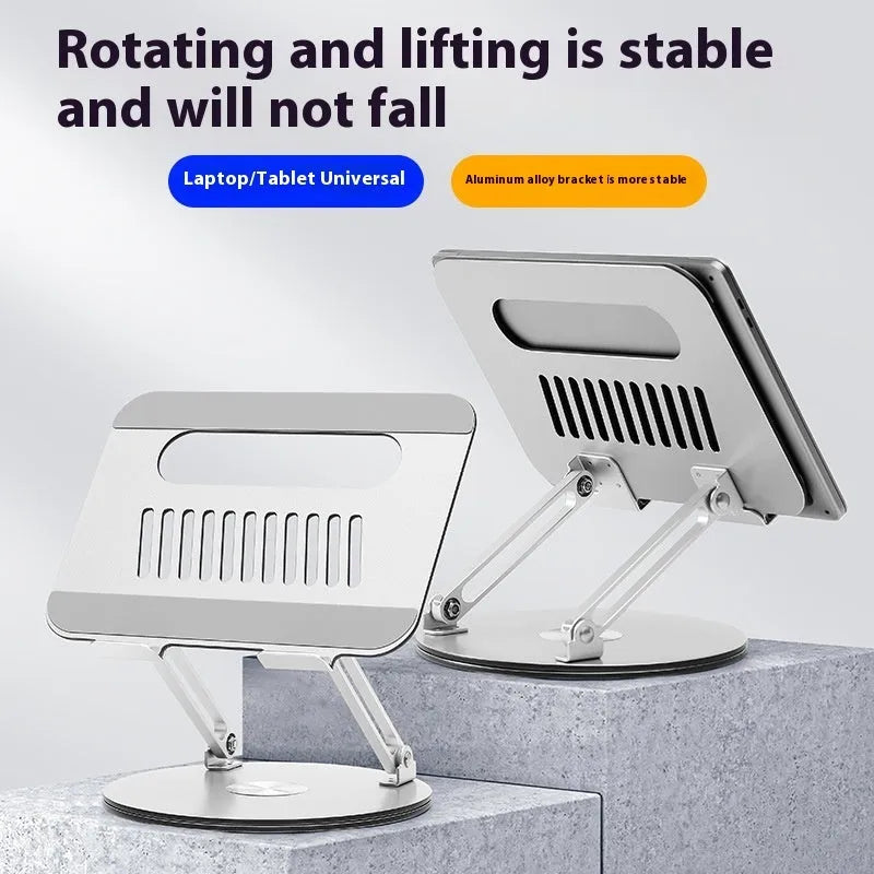 Silver aluminium alloy laptop stand showing rotatable platform and foldable legs